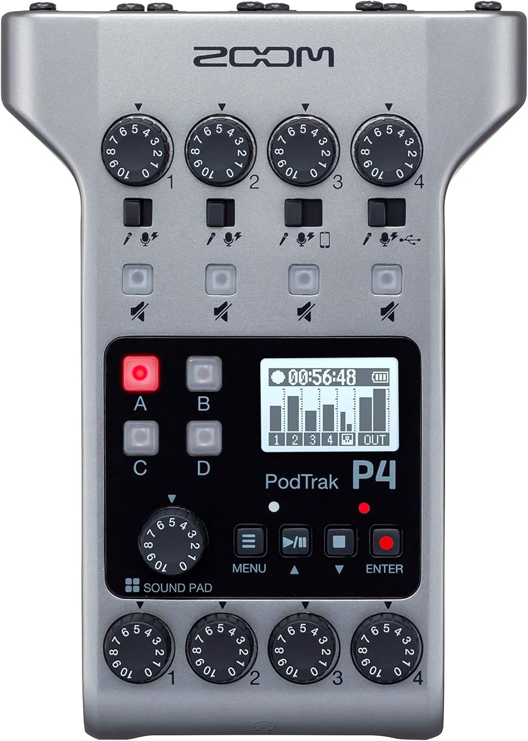 Zoom PodTrak P4 Podcast Recorder, 4 Microphone Inputs, Sound Pads, 2-In/2-Out Audio Interface & Audio-Technica ATH-M50X Professional Studio Monitor Headphones, Black, Professional Grade