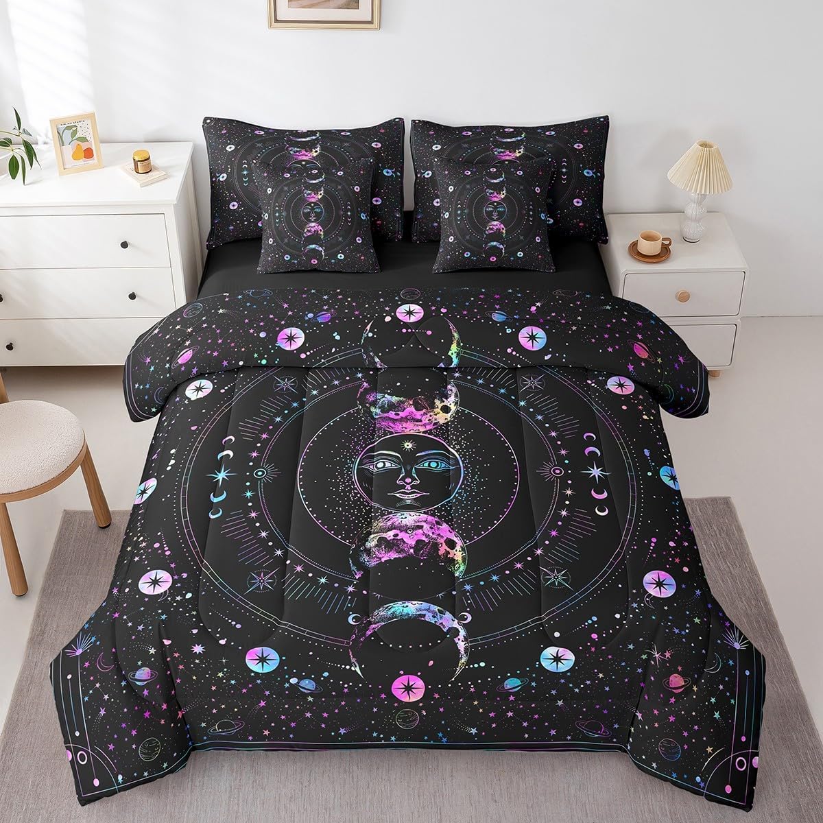 Manfei 7 Pieces Sun Moon Comforter Set Queen, Stars Space Psychedelic Bed Set for Kids Girls, Boho Sun Moon Black Bedding(1 Comforter,1 Fitted Sheet,2 Flat Sheet,2 Pillowcases,2 Throw Pillow Cover)