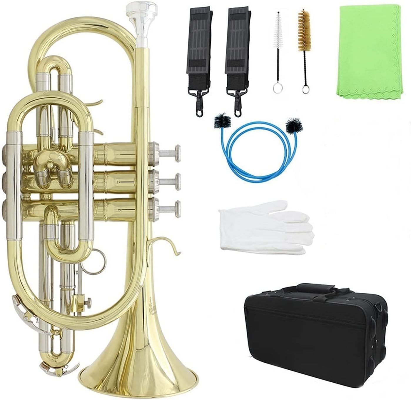Trumpets Beginner Bb Flat Cornet Professional Cornet Brass Instrument with Carrying Case Gloves Cleaning Cloth Brushes Trumpet Set (Color : Gold)