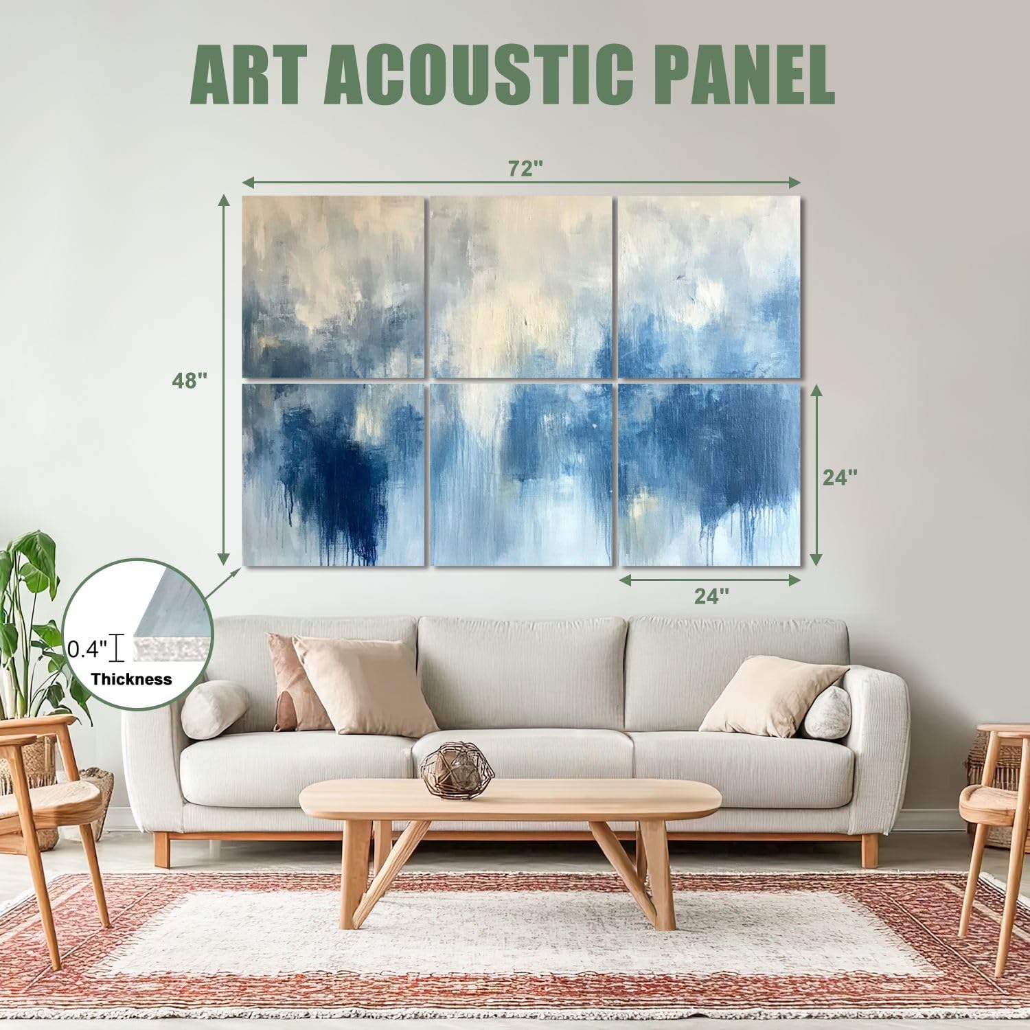 6 Pack Art Acoustic Panels Sound Absorbing Blue Cream Abstract Modern Blurred Shapes Dripping Tones Cloud like Decorative Soundproof Wall Panels Self Adhesive for Recording Studios Office 72
