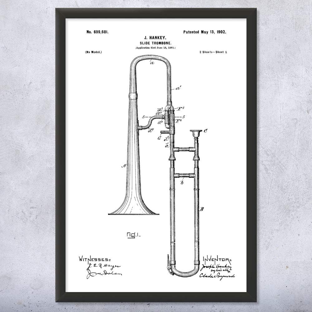 Framed Slide Trombone Print, Horn Player Gift, Trombone Wall Art, Brass Band Gift, Trombone Design, Orchestra Art Black & White (8x10)