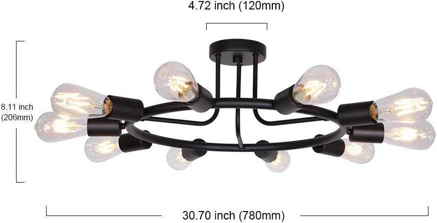 BONLICHT Vintage Metal Large Sputnik Chandeliers 10-Light Flush Mount Light Fixtures Ceiling Black Indoor Industrial Chandelier Lighting Mid Century Modern Starburst-Style Lighting Fixture UL Listed