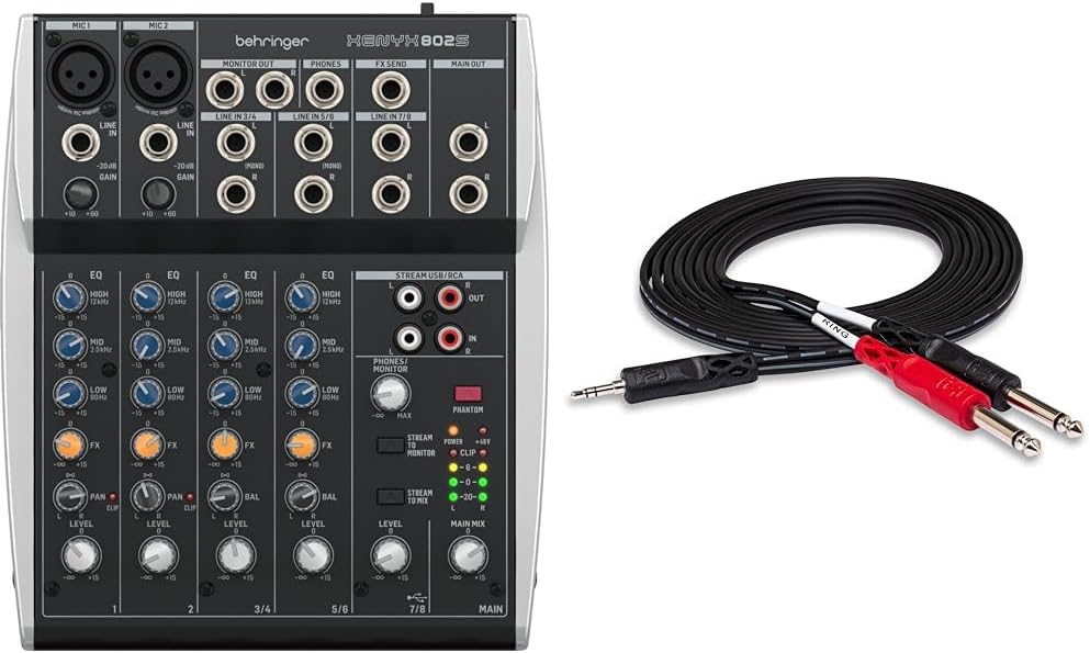 Behringer Xenyx 802S 8-channel Analog Streaming Mixer & Hosa CMP-153 3.5 mm TRS to Dual 1/4