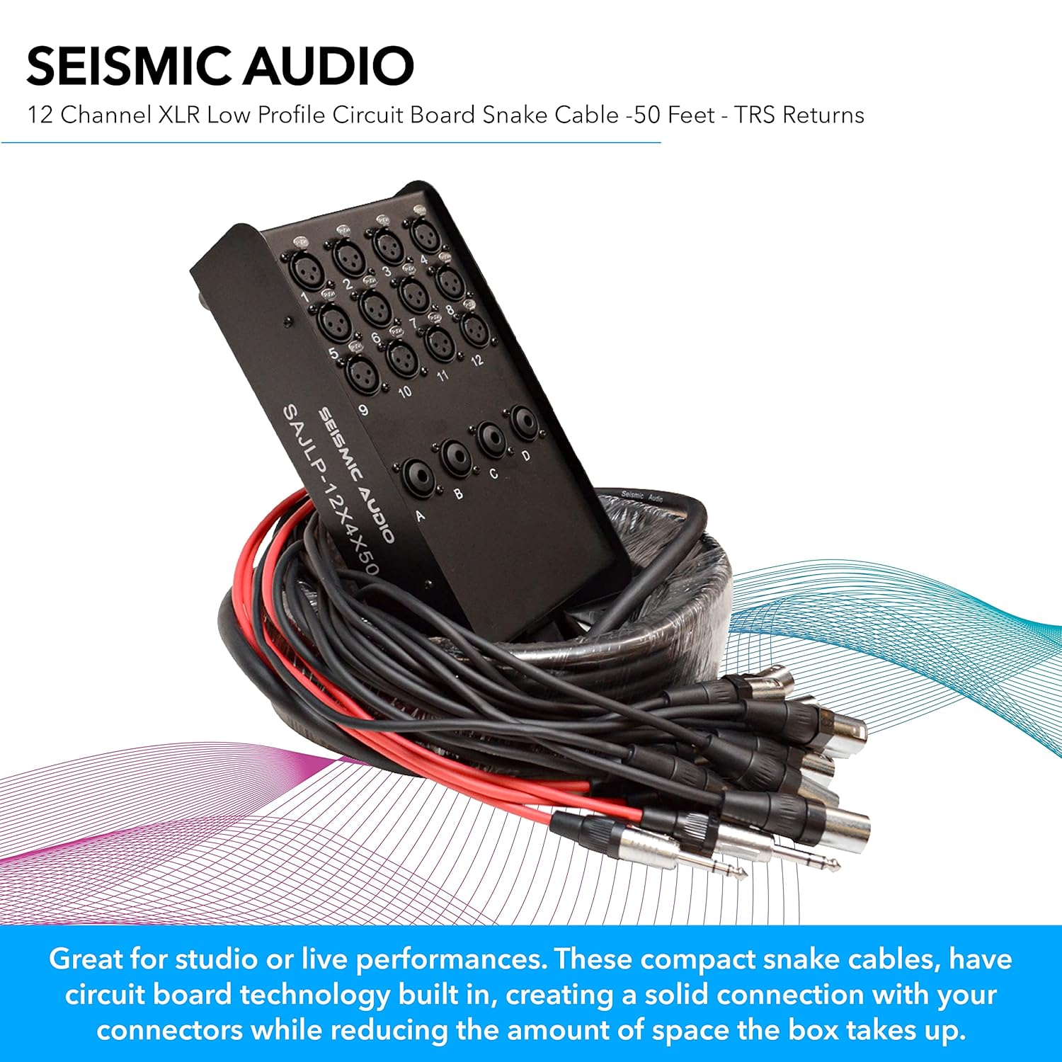 Seismic Audio - SAJLP-12x4x50-12 Channel 50 Foot XLR Low Profile Snake Cable with 4 TRS Returns - Circuit Board Snake for Recording, Stage, Studio PA DJ use
