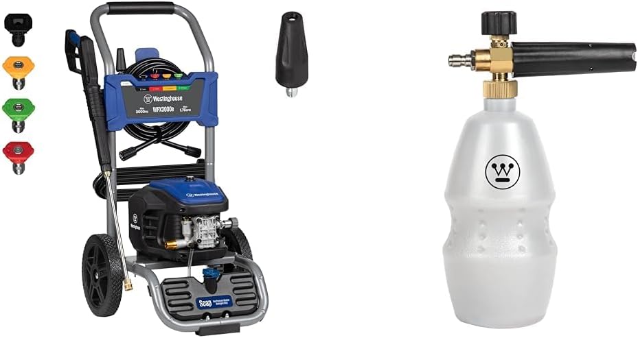 Westinghouse 3000 PSI Electric Pressure Washer and Foam Cannon Attachment Bundle for Cars, Homes, and Outdoor Surfaces