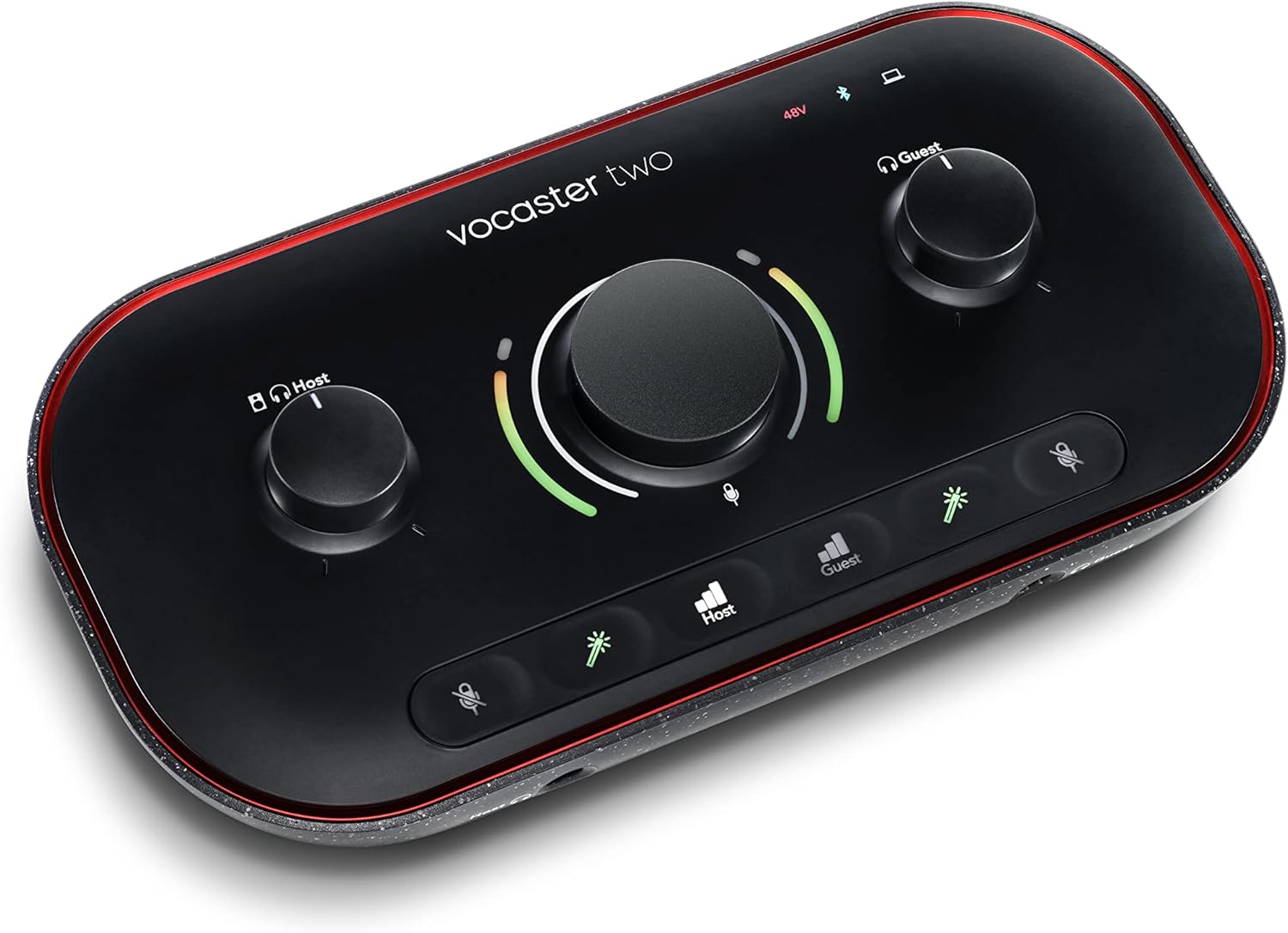 Focusrite Vocaster Two — Podcasting Interface for Recording Host and Guest. 2 Mic Inputs and Headphone Outputs, with Auto Gain, Enhance, and Mute. Small, Lightweight, and Powered by Computer