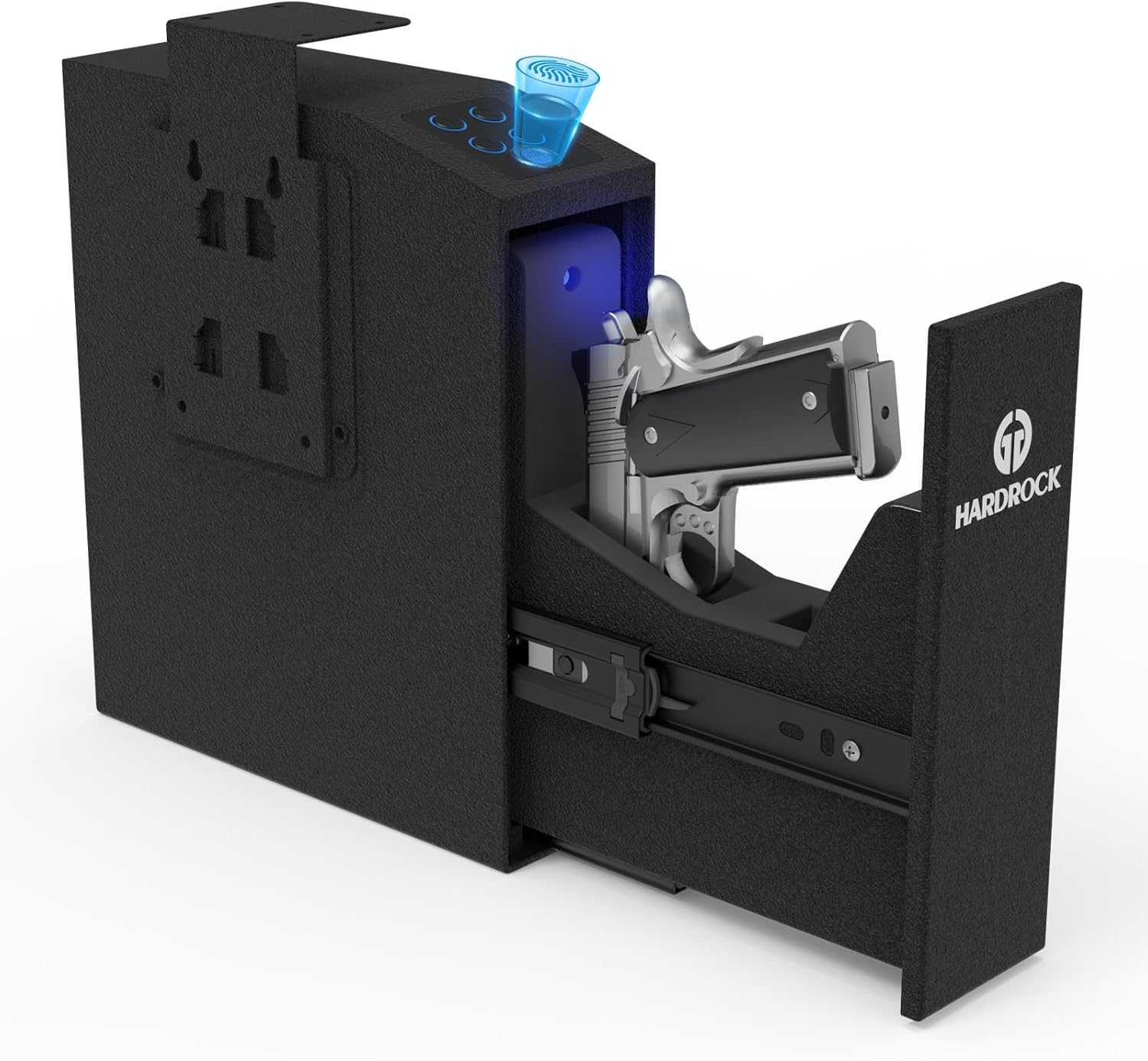 HARDROCK Gun Safe for Pistols, Biometric Wall Mounted Handgun Safe Box for Desk, Bedside,Truck，Drop Down Quick Access Security Safe with Fingerprint Keypad Lock for Home nightstand