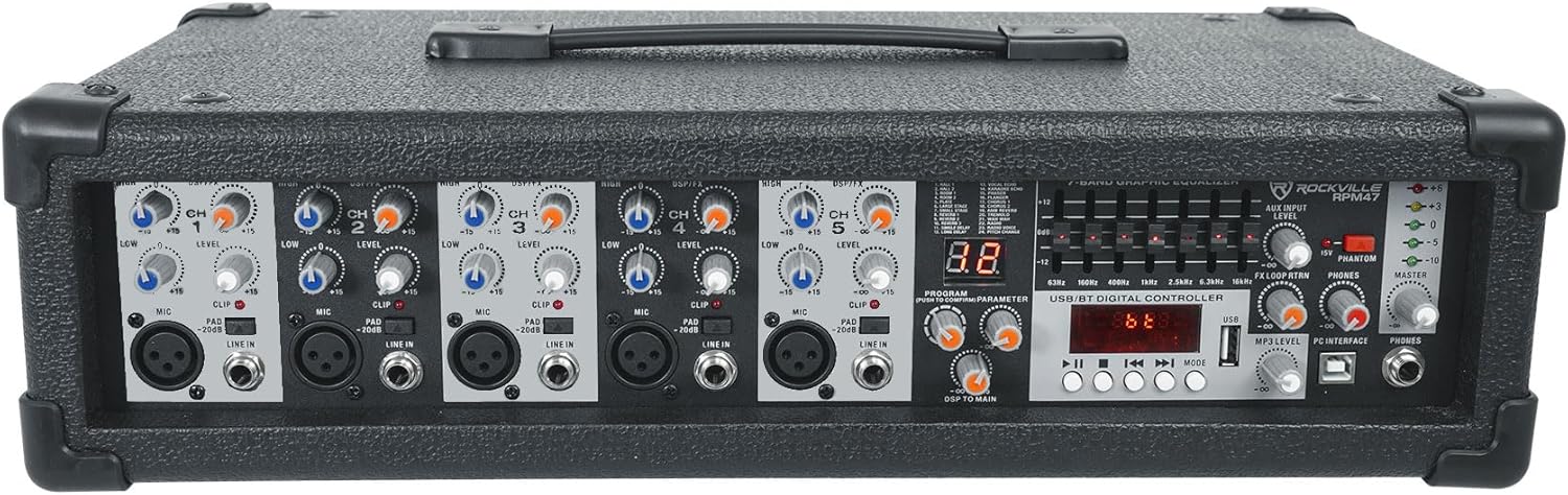 Rockville RPM47 1800w Powered 5 Channel Mixer Amplifier, 8 Ohm, Bluetooth, USB Interface, Digital Effects, 7-Band EQ, for Live Bands and Church Audio