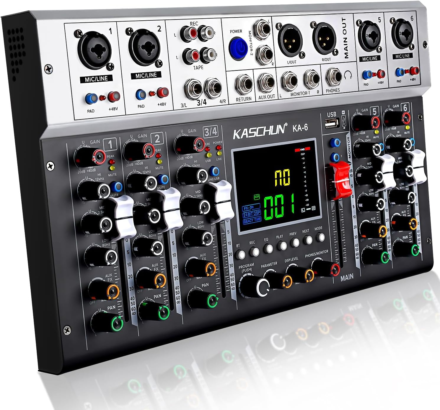 KA-6 6-Channel Professional Audio Mixer with Large LED Display, 256 DSP Effects, Portable Design – Ideal for Recording Studios, Live Broadcasts & Multi-Functional Use​