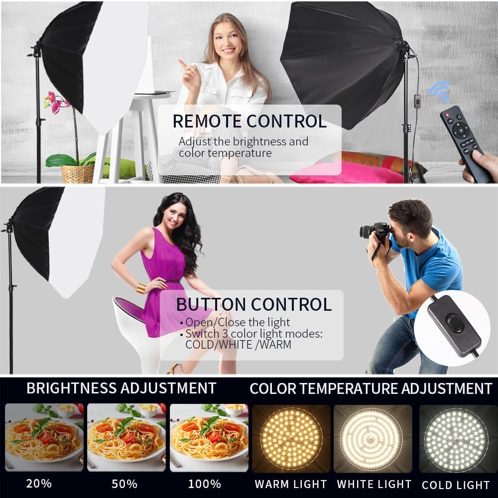 Octagonal Softbox Lighting Kit, Professional Continuous Photography Lighting 85W 3000-6500K LED Bulb Photo Studio Equipment Portrait Photography, Video Recording, Live Streaming Fill Light