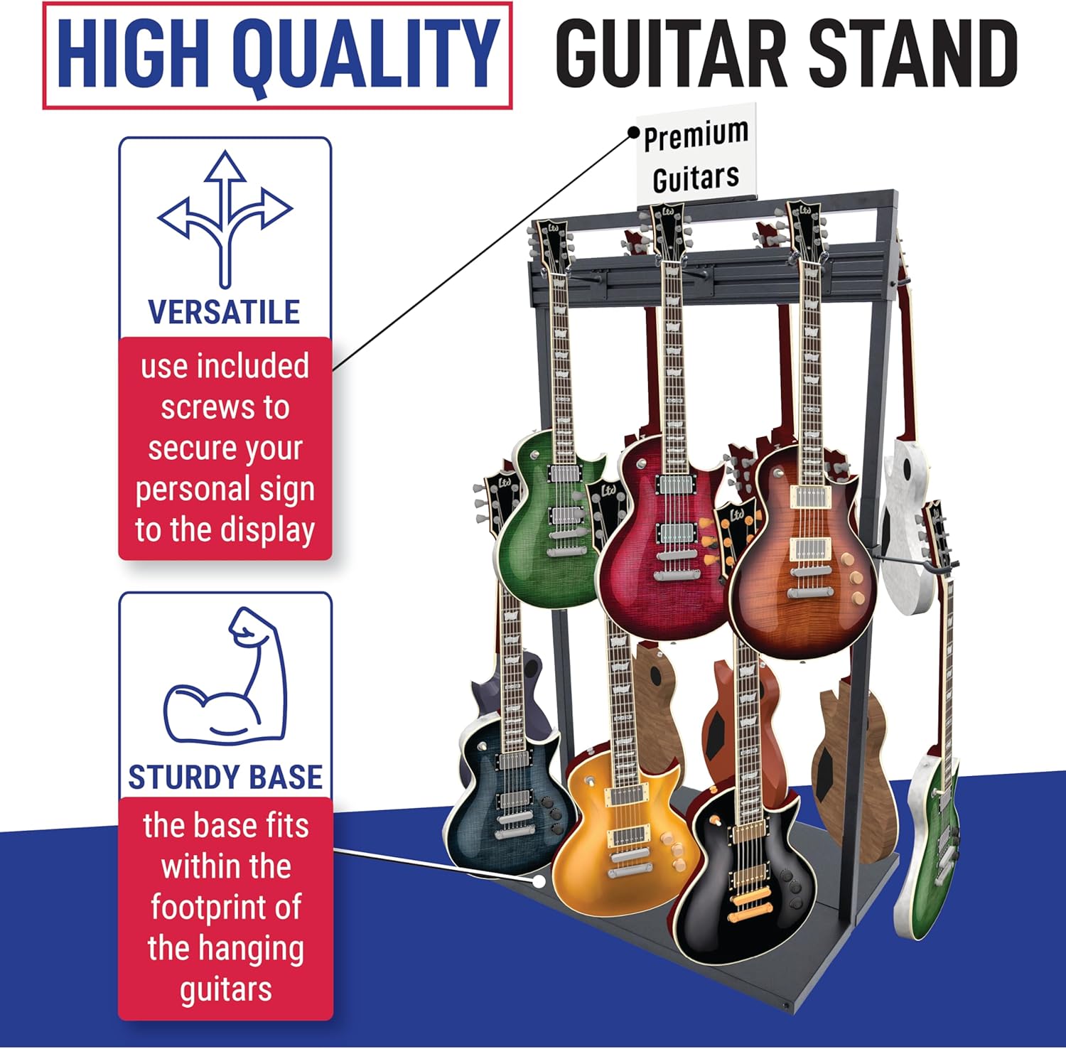 77'' Tall Guitar Rack for Multiple Guitars - Heavy Duty & Free-Standing - Hanging Rack for Instruments - Metal, Modular and Double-Tier - Hanger for Electric, Acoustic, Bass & Ukulele (Black)