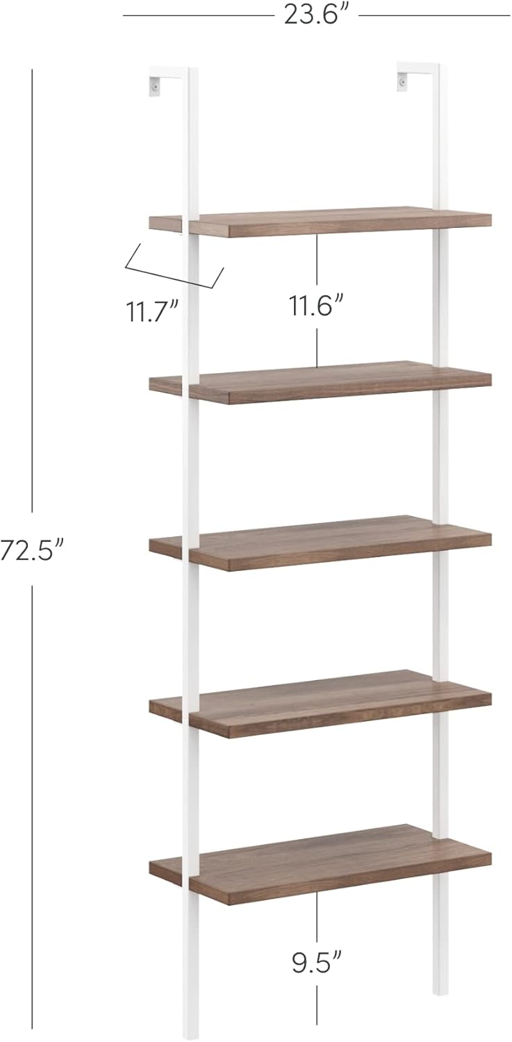 Nathan James Theo 5-Shelf Wood Modern Bookcase, Open Wall Mount Ladder Bookshelf with Industrial Metal Frame, Light Brown Oak/White