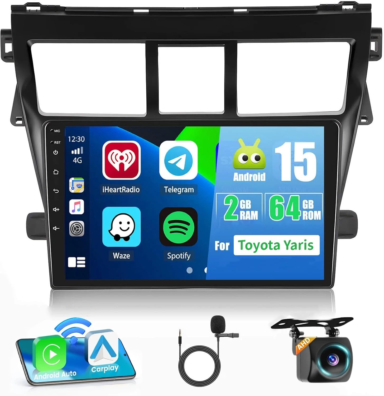 2+64G Car Stereo Radio for Toyota Yaris Vios 2007-2012,9 inch Touch Screen Radio Android 15 Wireless Apple CarPlay Android Auto DSP 32EQ 5G WiFi Bluetooth GPS FM RDS+Free AHD Backup Cam