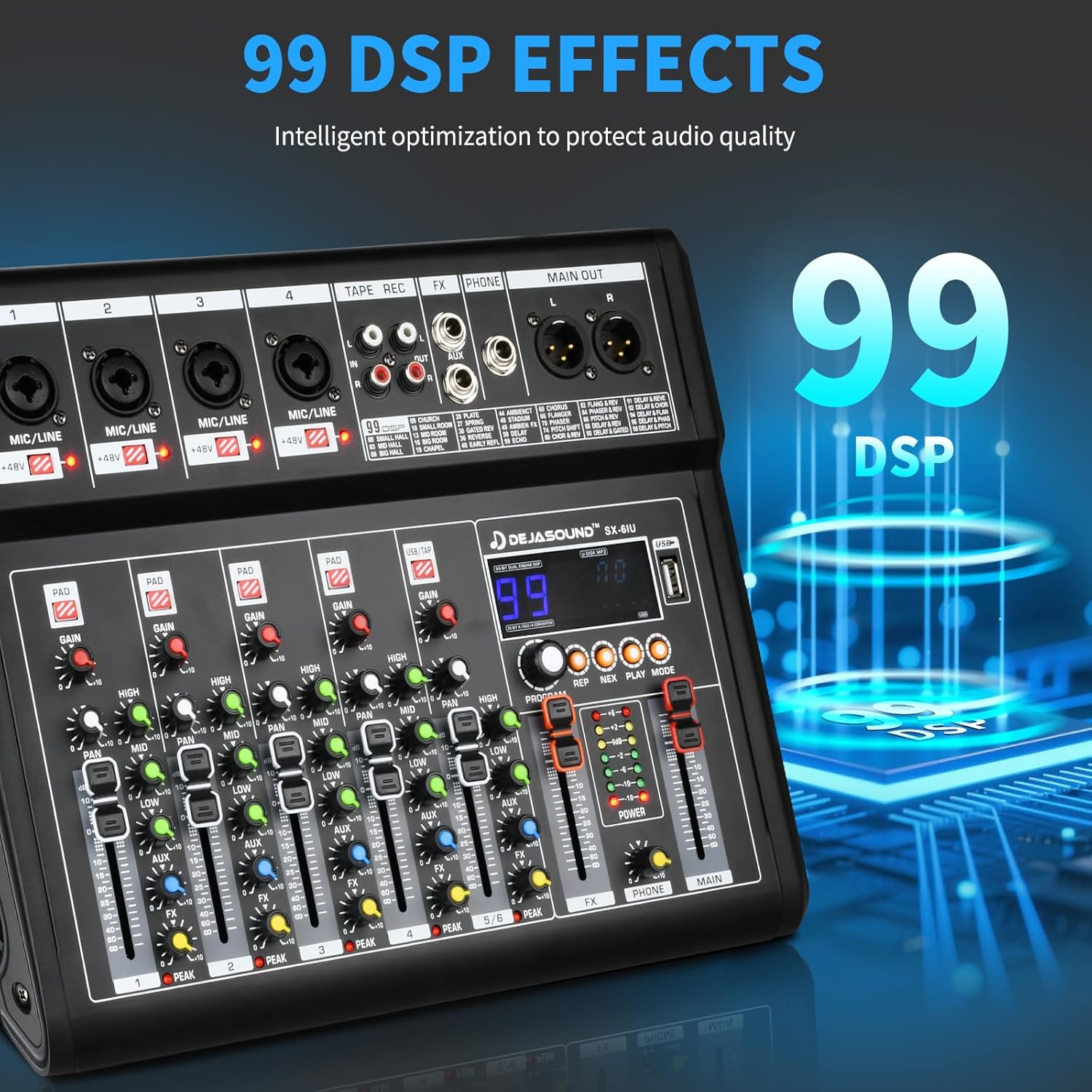 6-Channel Audio Mixer for PC, SX-6iu Mixing Console with XLR Inputs, Bluetooth, 99 Digital Signal Processor Effects, USB Interface, MP3 Compatible for Podcast, Music, Recording 9.84