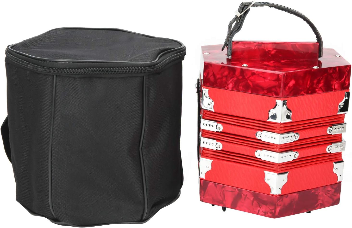 Tissting Concertina Accordion Professional Portable 18cm / 7.09 inch Solid Wood Musical Instrument with Carrying Bag for Adults Beginners Performance (Red)