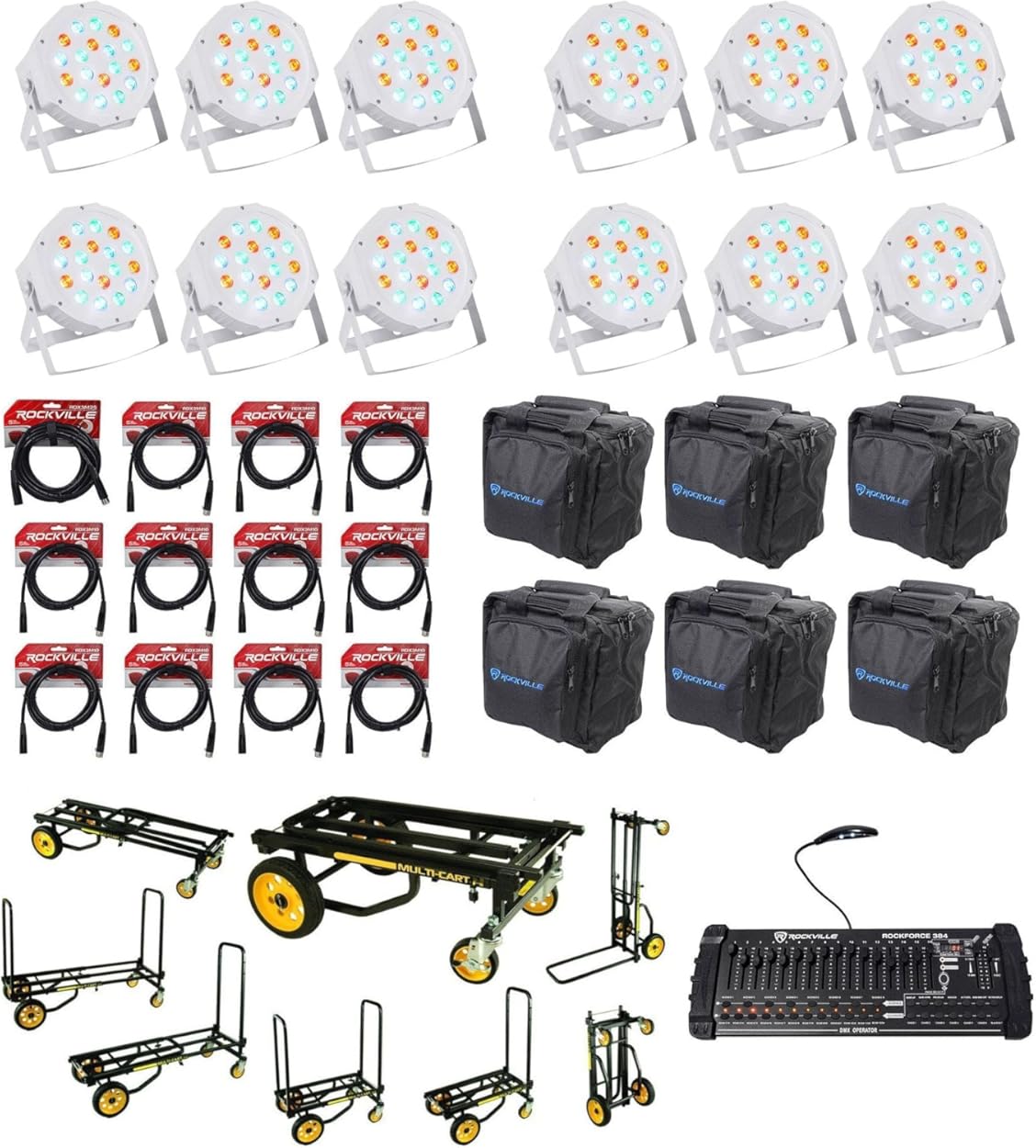 (12) Rockville RockPAR50 LED RGB Par Can DJ/Club Wash Light Bundle w/ (1) ROCKFORCE 384-Ch DMX Controller+MIDI Control, (6) RLB90 Travel Bag, (1) RDX3M25 DMX Cable, (11) RDX3M10 DMX Cable (31 Items)
