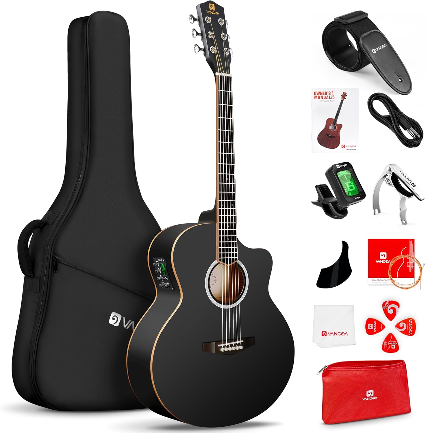 Vangoa 3/4 Acoustic Electric Guitar Kit for Beginners, 36 Inch Acoustic Cutaway Guitar Junior Size Travel Acustica Guitarra Bundle for Adults, Teens, Upgraded Starter Kit, Black Matte