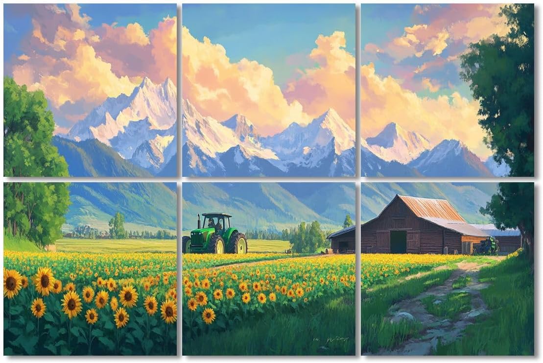 6 Pack Art Acoustic Panels Sound Absorbing Rural Scenery Sunflowers Farmhouse Tractor Mountains Clouds Realistic Decorative Soundproof Wall Panels Self Adhesive for Recording Studios Office 72