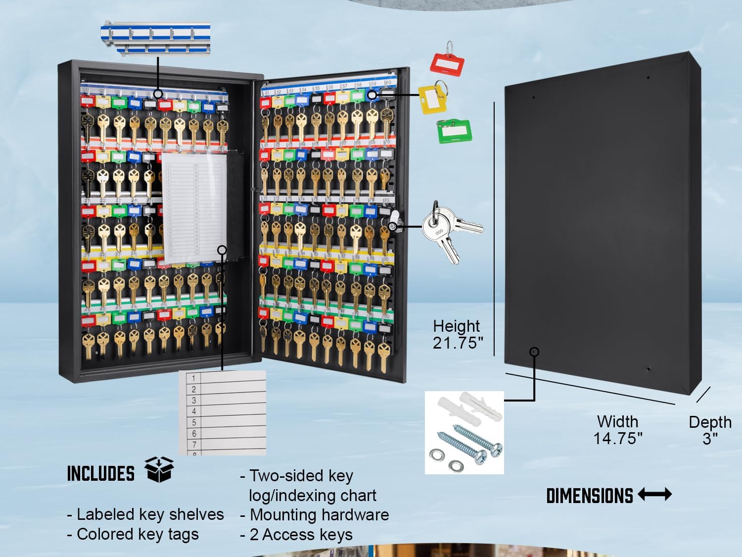 Barska 100-Position Key Lock Box – Solid Steel Key Cabinet with Adjustable Numbered Hooks, Key Log Sheet, Color Tags & Index Chart – Wall-Mount Organizer, Black Finish
