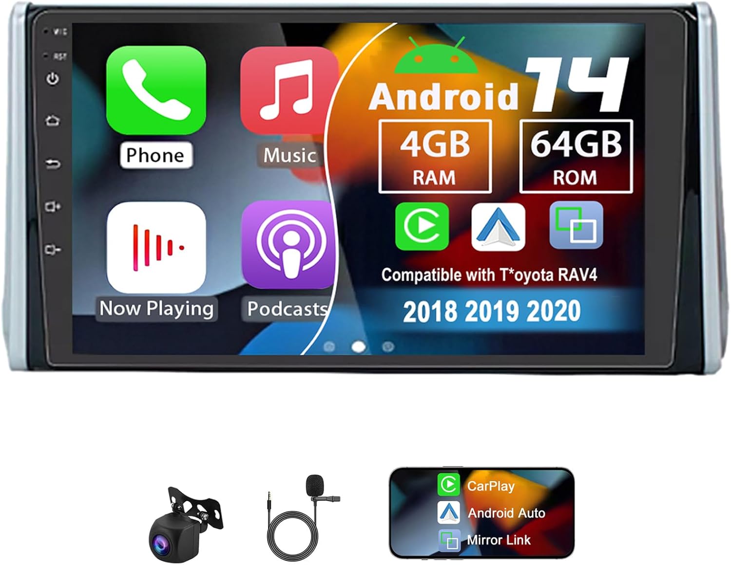 Android 14 Double Din Car Radio Compatible with Toyota RAV4 2018 2019 2020, 4G+64G 10