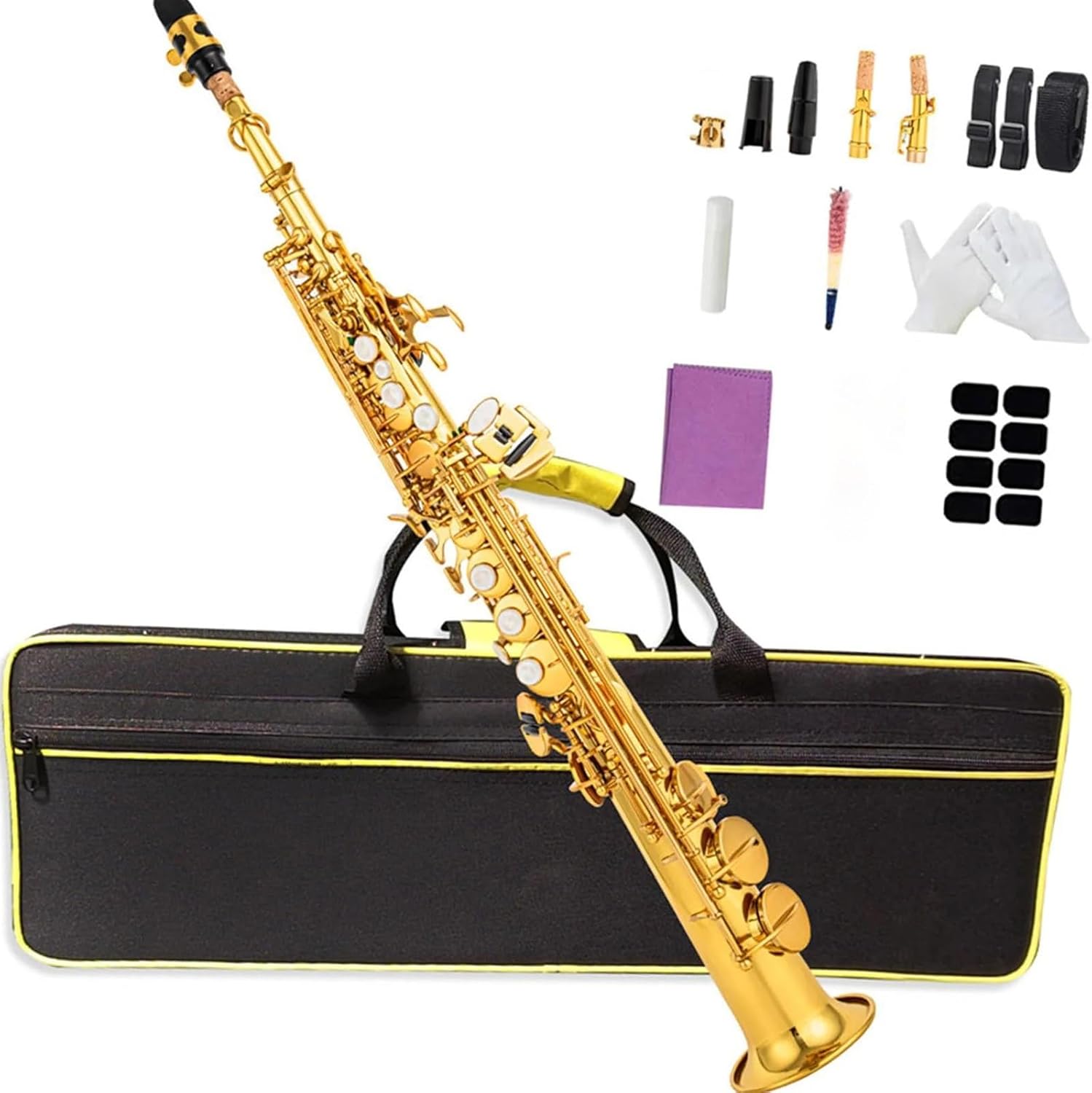 Brass Straight Treble Saxophone Bb Woodwind Instrument Natural Key Carve Pattern With Carrying Case Sax Accessories