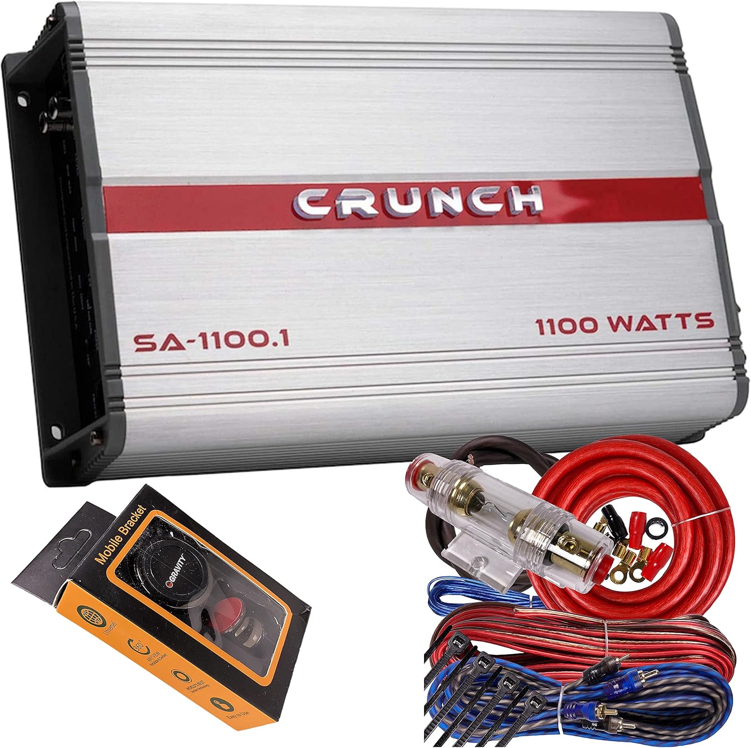 Crunch SA-1100.1 Smash Series 1,100-Watt Monoblock Class AB Amp Car Audio Sound System Subwoofer Speaker Amp Amplifier with Gravity Magnet Phone Holder and 4 Gauge Kit Red Bundle
