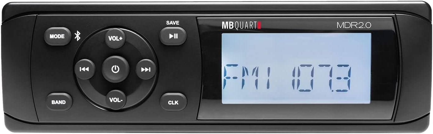 MB Quart MDR2.0 160 Watt Single DIN Marine Grade Digital Source Receiver Radio with AM/FM/Weather Band, Bluetooth, and USB Connection