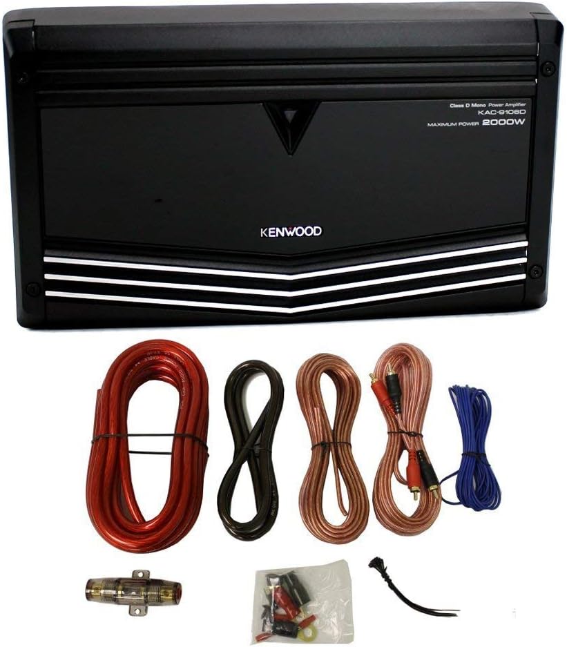 Kenwood KAC-9106D 2000W Monoblock Class D Car Audio Power Amplifier + Amp Kit (Renewed)