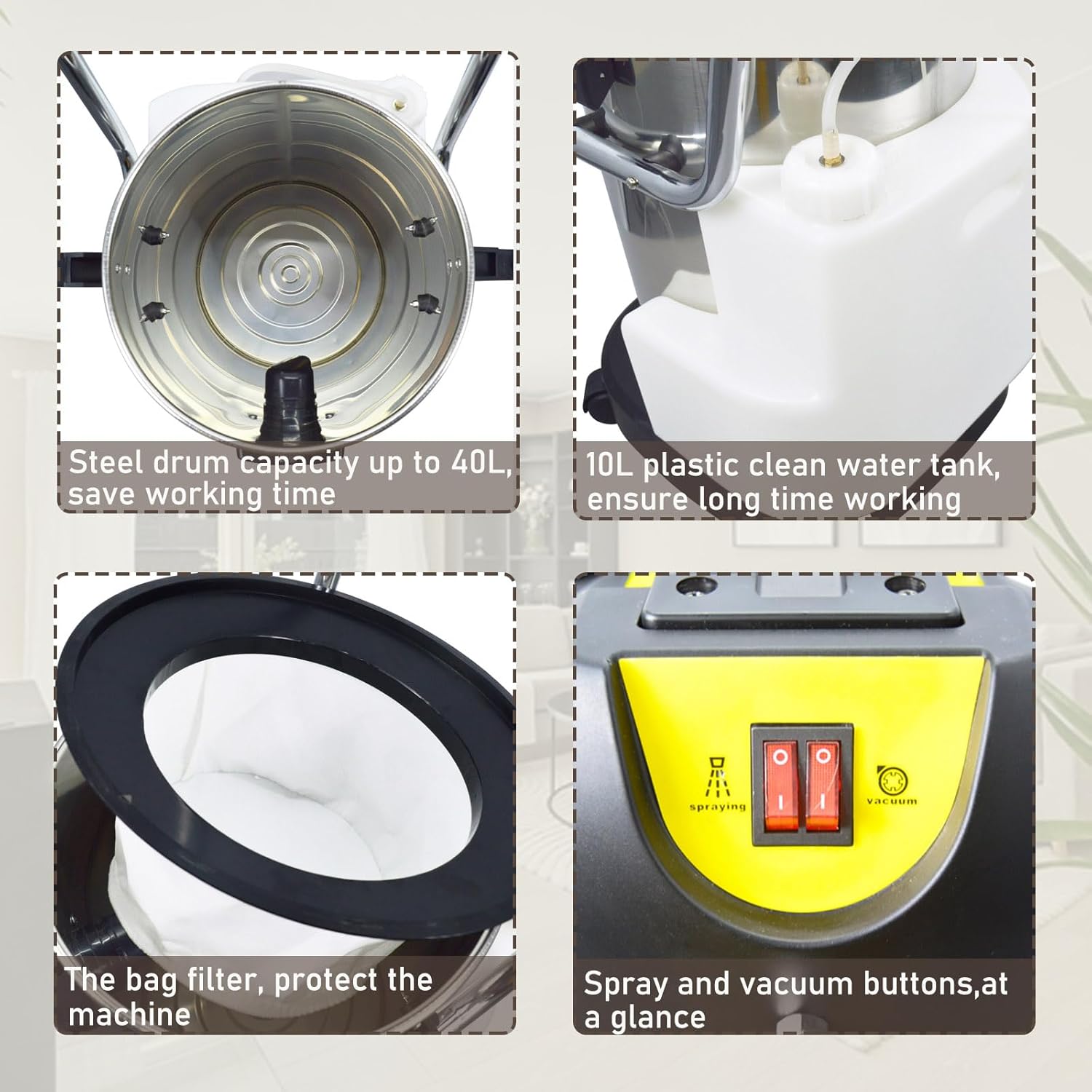 Commercial Carpet Cleaner Machine 40L/11Gal Heavy-Duty 3-in-1 Extractor Machine (Spray,Vacuum,Wash) for Hotel/Office with 23ft Cord & Steel Drum 1000W 110V