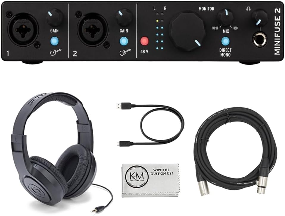 Arturia MiniFuse 2 Portable 2x2 USB Type-C Audio/MIDI Interface | Black Bundle with 20ft XLR Microphone Cable + Over-Ear Stereo Headphones + Microfiber Cleaning Cloth (4 Items)