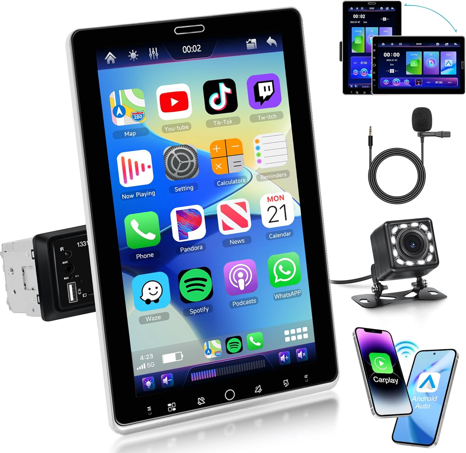 10.1 inch Single Din Car Stereo Wireless CarPlay Android Auto, Rimoody Rotational Touch Screen 1280x720 Car Radio with Bluetooth 5.2 FM/AM/RDS/EQ USB/AUX/TF/SWCCar Audio Receiver Backup Camera