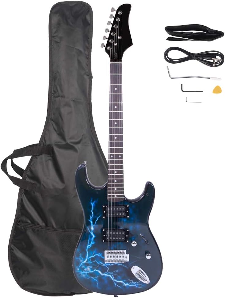 39 Inch Beginner Electric Guitar Kit, Full Size Electric Guitar,Complete Electric Guitars Set with Bag, Shoulder Strap, Power Wire, Wrench Tool,Tremolo Arm and Picks,Black and Dark Blue