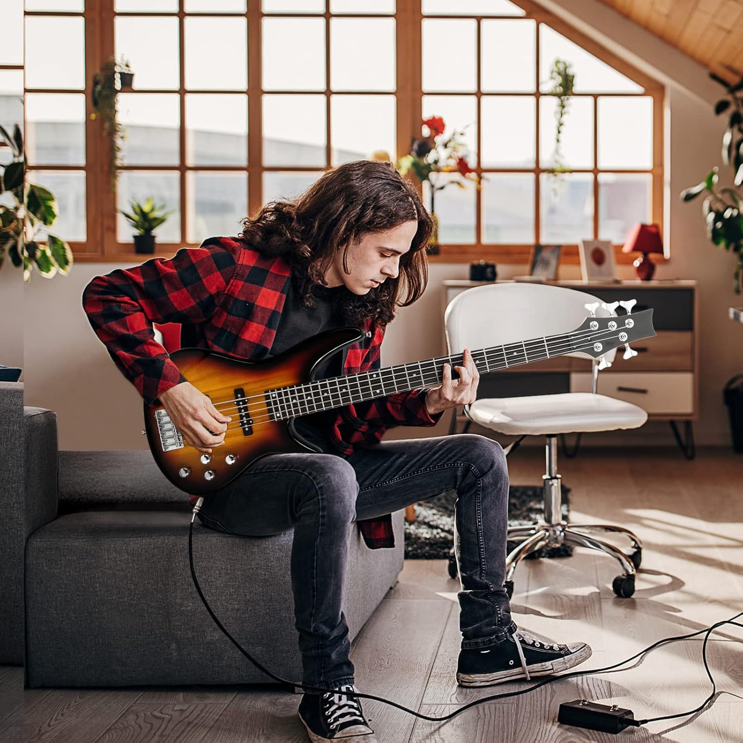 Ktaxon 5 String Electric Bass Guitar, Full Size Standard Right Handed Rosewood Fretboard Bass Kit with Gig Bag Strap Cable Wrench Tool (Sunset)