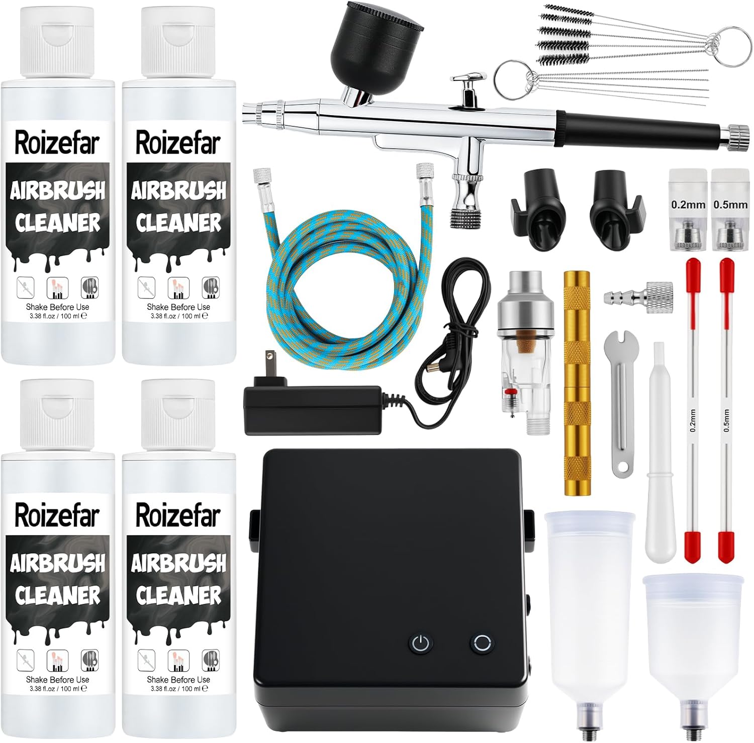 Roizefar Airbrush Kit with Compressor, 55 PSI Non-Clogging Air Brush Painting Set with 4x100ml Cleaner, 0.2/0.3/0.5mm Nozzles & Cleaning Brush, Ideal for Painting, Modeling, Nail Art, Makeup