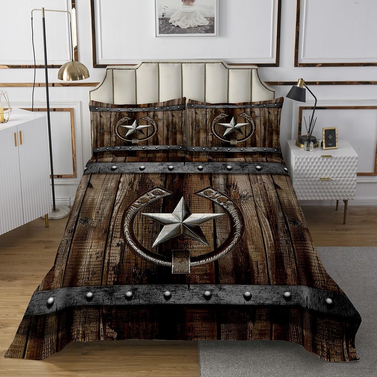 Erosebridal Rustic Farmhouse Bedspread,Rusty Horseshoe Texas Star Quilt Set Brown Vintage Western Country Cabin Quilted Bedding for Boys Adults Men Old Barn Wooden Garage Door Coverlet Set 3 Pcs,King