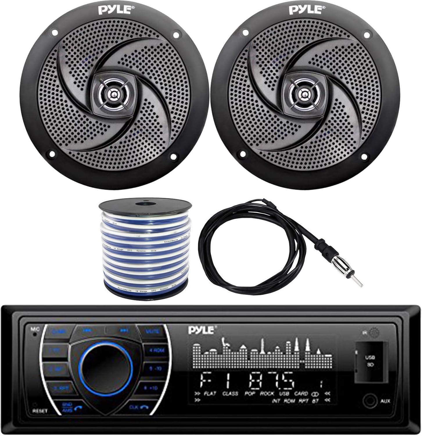 Pyle AM/FM USB Bluetooth in-Dash Marine Stereo Digital Media Headunit Receiver, 2 x 4 2-Way Weather-Resistant 100W Black Audio Speakers, 18-Gauge Speaker Wire, Wired Radio Antenna