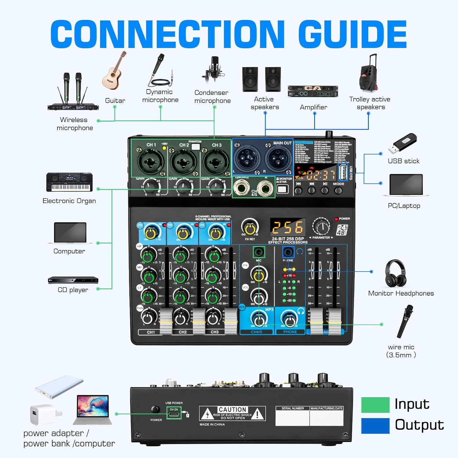 Depusheng Professional Audio Mixer Digital FX 256-Bit DSP USB Bluetooth MP3 Computer DJ Mixer 5 Channel input Interface with 48V Phantom Power for PC recording Live Streaming, Podcasting, Karaok