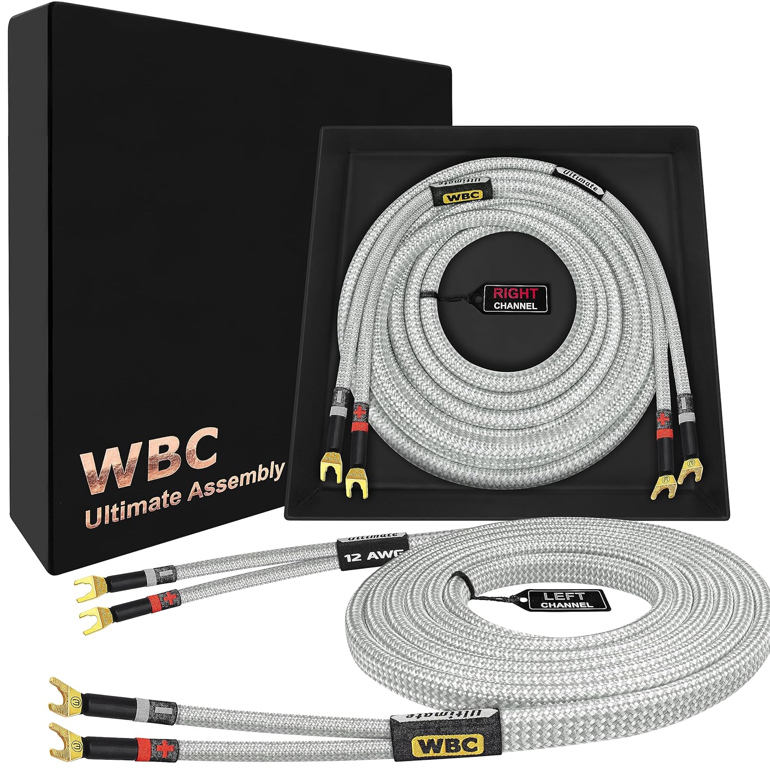 WORLDS BEST CABLES 3 Foot Ultimate - 12 AWG - Ultra-Pure OFC - Premium Audiophile HiFi Speaker Cable Pair with Eminence Spade Plugs & Silver Tweed Jacket