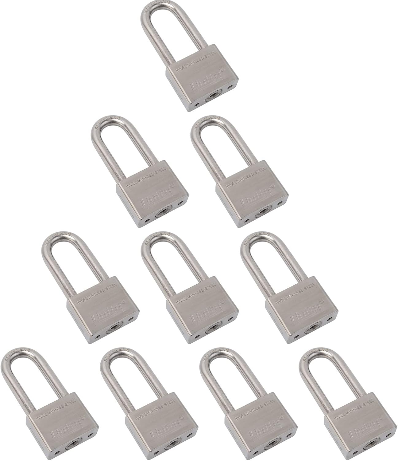 Unity Marine Padlock Keyed Alike 100% Stainless Steel Weatherproof for Sea, Boat, Port, Gate, Anti-Pick (10, 50mm Long Shackle)