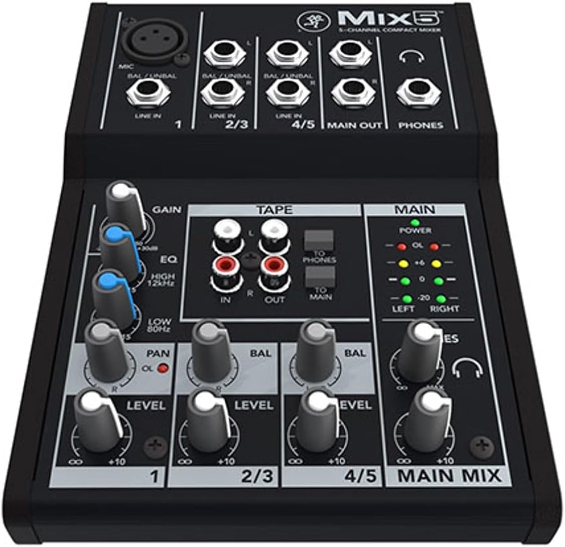 Mackie Mix5 5-Channel Compact Mixer, 1 Mic/Line Input, Main L/R Outputs, 8 Channel Faders, Phantom Power