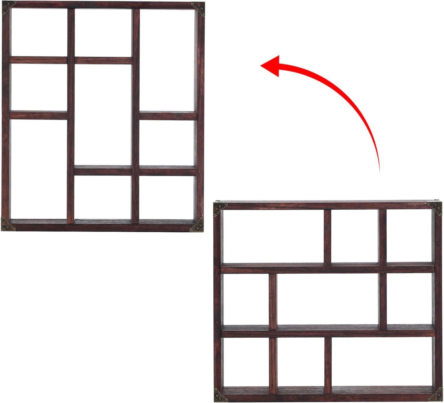 FIRMINANA Rustic Shadow Box Shelf,17.7x15.7-Inch Wall-Mounted (Vertical or Horizontal),9-Slot Rustic Wood Floating Shelves,Lightweight Solid Wood Display Shelf for Shot Glass (Walnut)