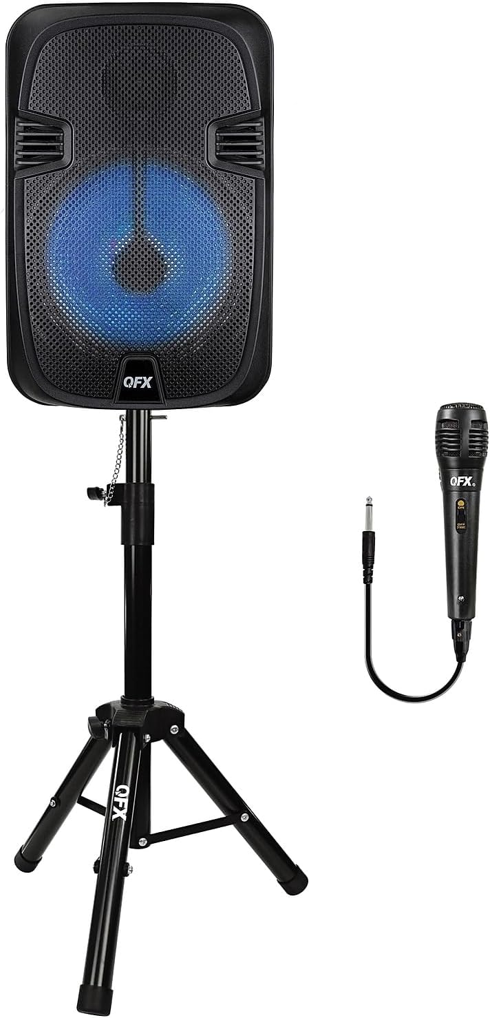 QFX PBX-1206SM PBX-1206SM 12-in. 21-Watt True Wireless Stereo Bluetooth Rechargeable Speaker with Wired Microphone and Stand