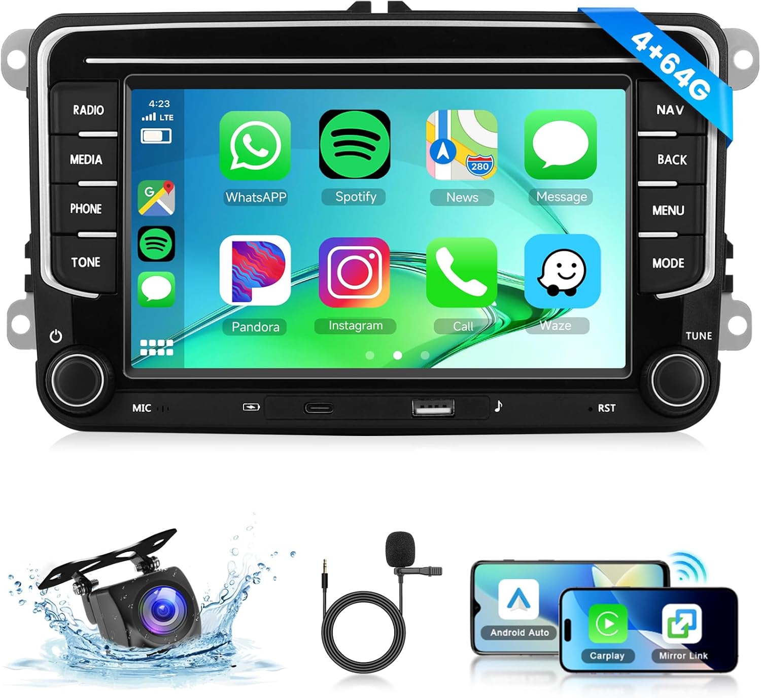 [4G+64G] Android Car Radio for Volkswagen VW Jetta Passat Golf Beetle Polo Caddy Tiguan Touran for SEAT for Skoda with Wireless CarPlay Android Auto, 7 Inch Car Radio with Bluetooth,GPS,WiFi,Camera