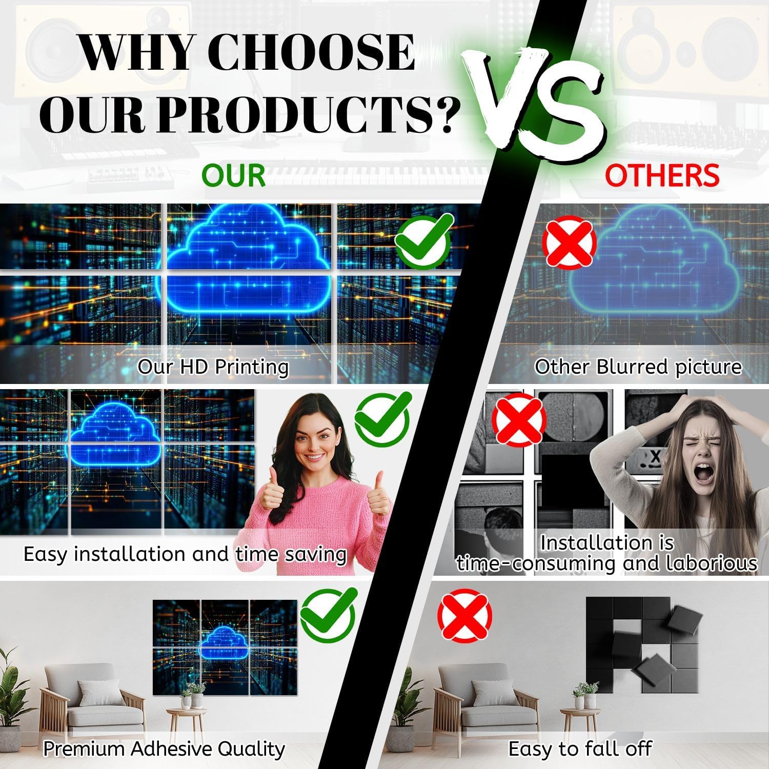 6 Pack Art Acoustic Panels Data storage cloud computing glowing blue cloud symbol microcircuit Soundproof Wall Panels, 48