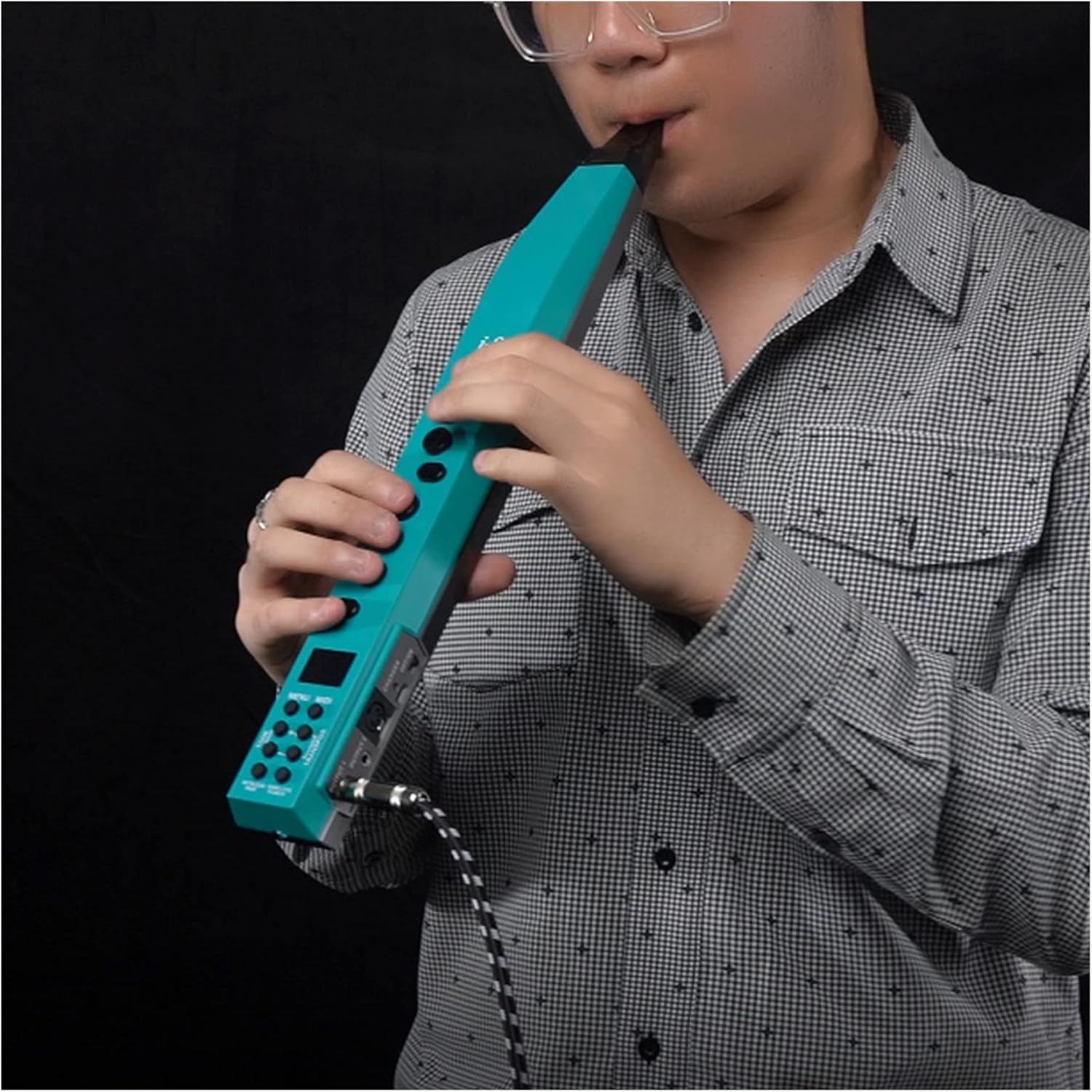Saxophone Straight Electric Saxophone Windpipe Mini Digital Wind Instrument Type Sound Saxophone (Color : Blue)