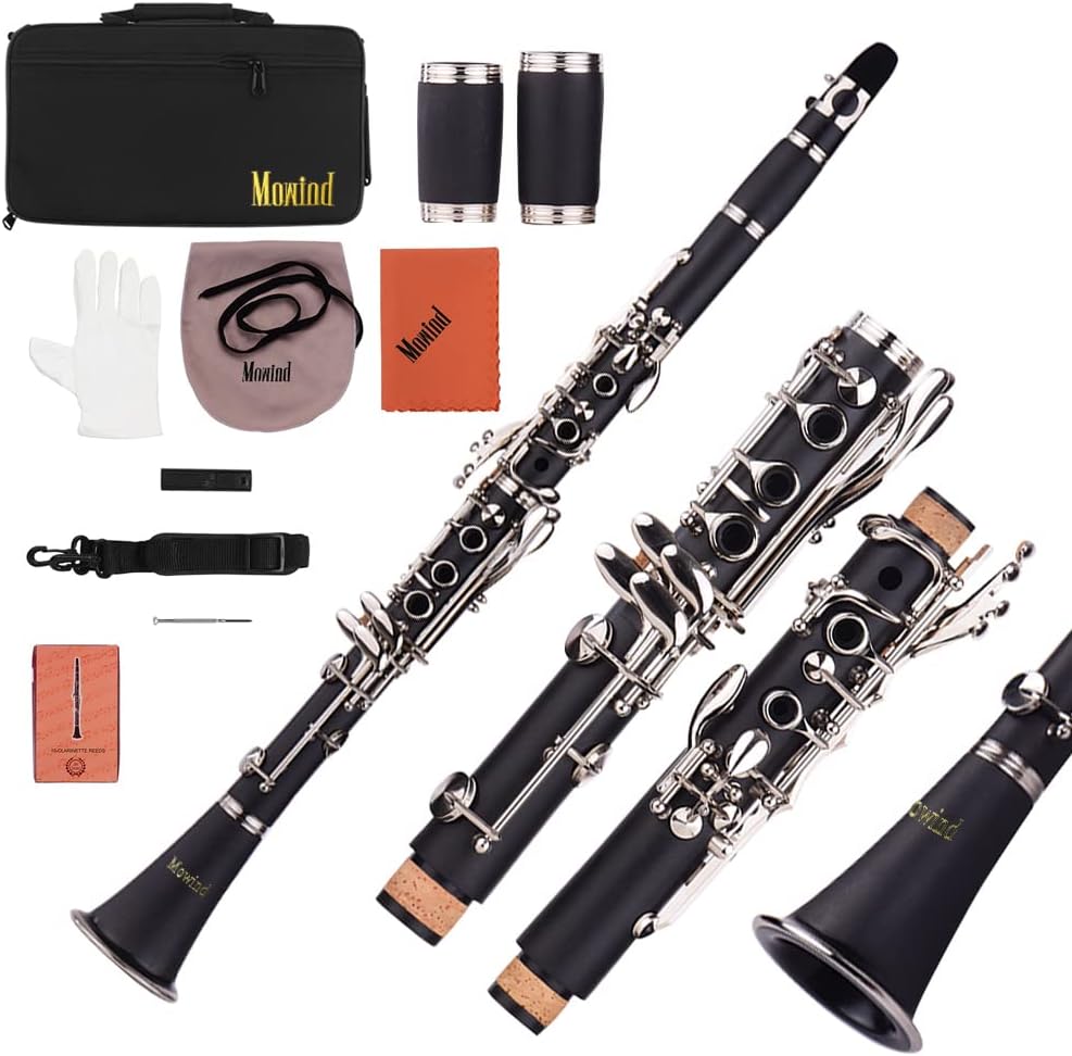 Bb Flat Clarinet - 17 Key Beginner Student Woodwind Instrument with 2 Barrels and Carry Case, Includes Cleaning Kit