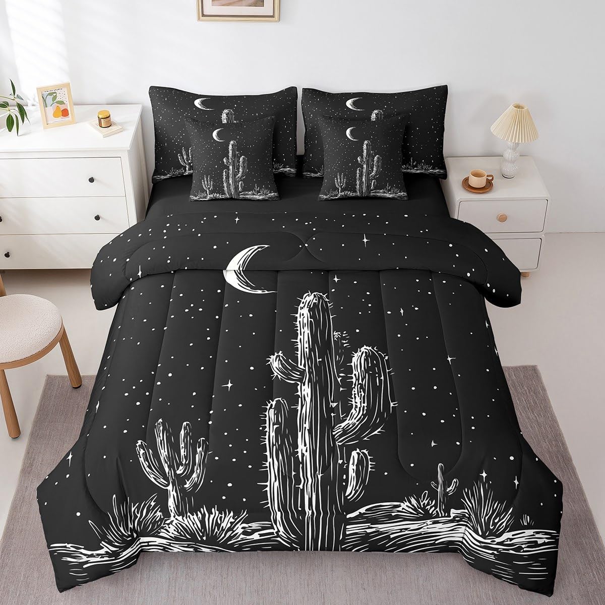 Erosebridal Western 7 Piece Comforter Set Queen Size Cactus Sheet Set Bed in A Bag for Kids Boys Girls Vintage Southwestern Desert Comforter Retro Moon Night Glitter Stars Plants Black White Bed Set