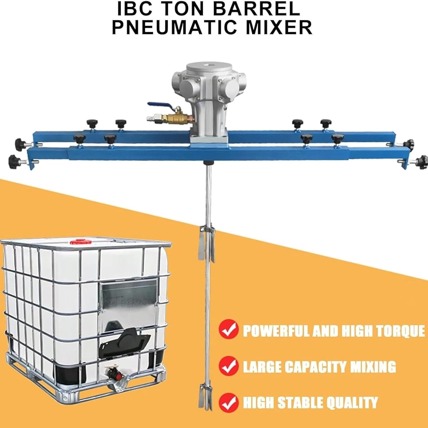 IBC Air Agitator, 265 Gallon Pneumatic Paint Mixer, Folding Propeller, Bracket Mixer, Paint Stirring Machine Mix Tool, Special for IBC Ton Barrels, with Support Hanger