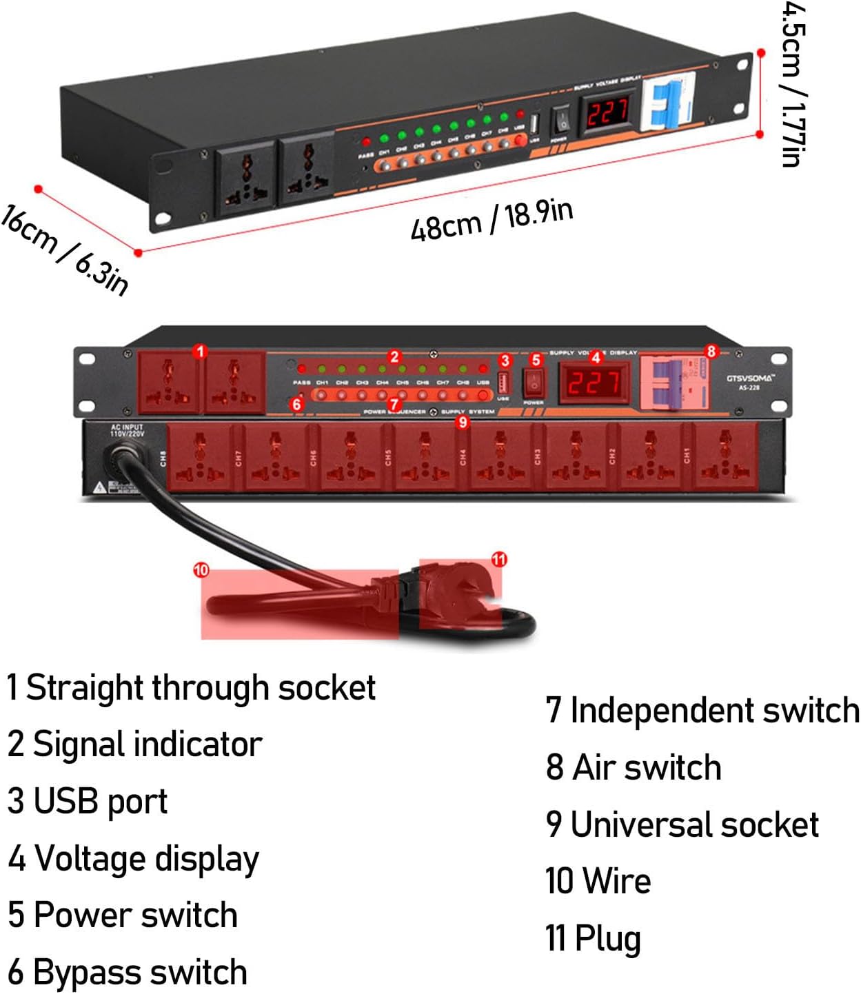 ciciglow 10 Outlet Power Sequencer Conditioner, Power Supply Controller Regulator with Digital Voltage Display, Independent Switch for Stage Studio Audio Equipment (US Plug)
