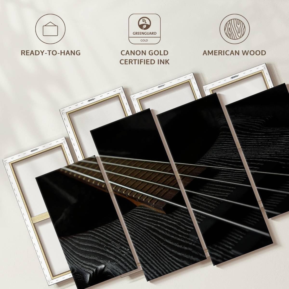 Elephant Stock - Bass Guitar Strings Wall Art - Horizontal Multi Panel Canvas - 4 Piece Living Room Wall Decor - Photography Music Multi Piece Wall Art - Black And Brown Decor - 68